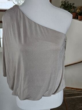 Jennifer Lopez One-Shoulder Shimmery Taupe Top